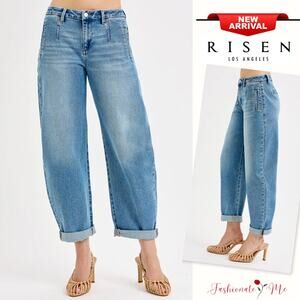 RISEN Mid Rise Waist Roll Up Hem Medium Blue Wash Stretch Barrel Leg Denim Jeans